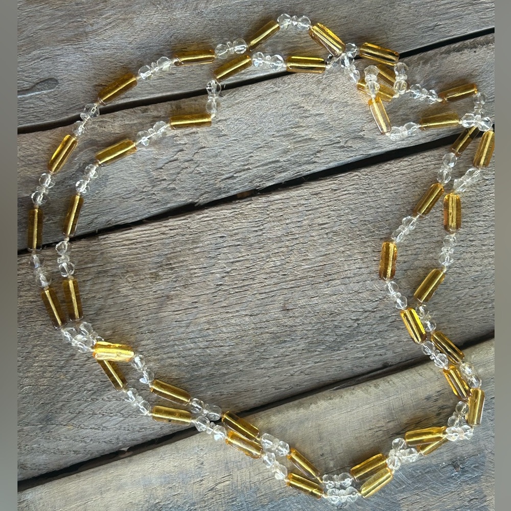 Vintage Amber Colored and Clear Glass Long Necklace